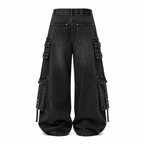 American Style Multi-Pocket Distressed Wide-Leg Denim Jeans for Men