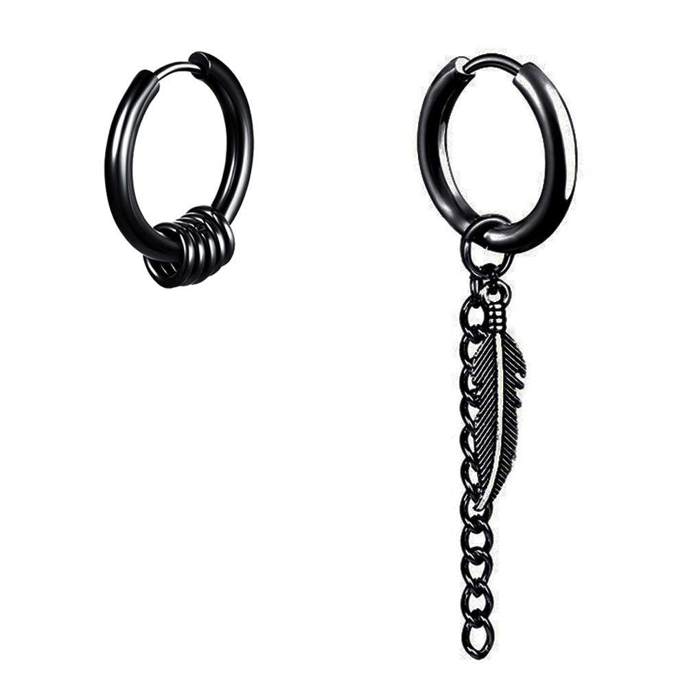 Small Hoop Earrings for Men Women With Cross Feather Spikes Ball Chain Dangle Charms Black Silver 316L Stainless Steel Punk Hip Hop Rock Gothic Kpop Huggies Earrings Set (Black-Feather)