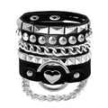 80s 90s Womens Faux Leather Bracelets with Heart/Pyramid/Chain3Pcs Emo Punk Wrap Wrist Cuffs Jewelry Accessories Gothic Gift