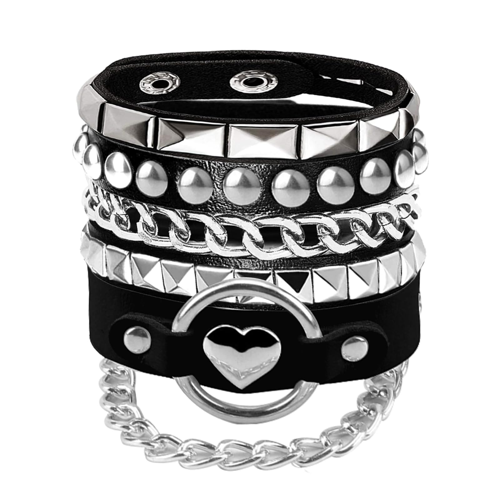 80s 90s Womens Faux Leather Bracelets with Heart/Pyramid/Chain3Pcs Emo Punk Wrap Wrist Cuffs Jewelry Accessories Gothic Gift