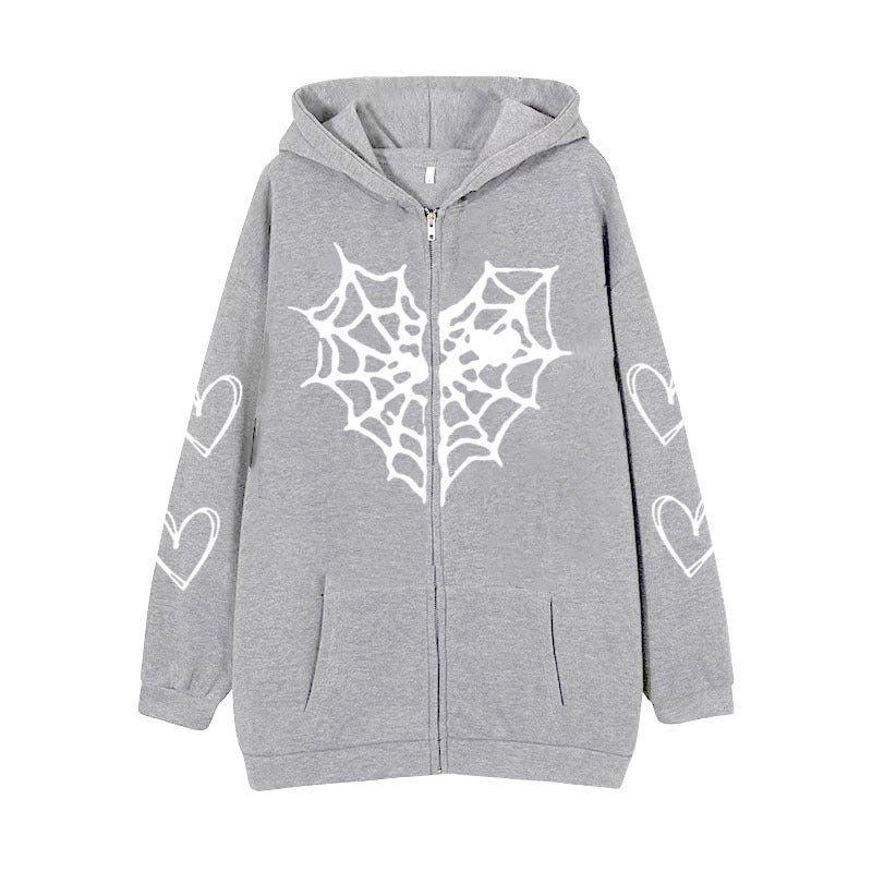 Gothic Heart-shaped Spider Web Women's Zipper Hoodie