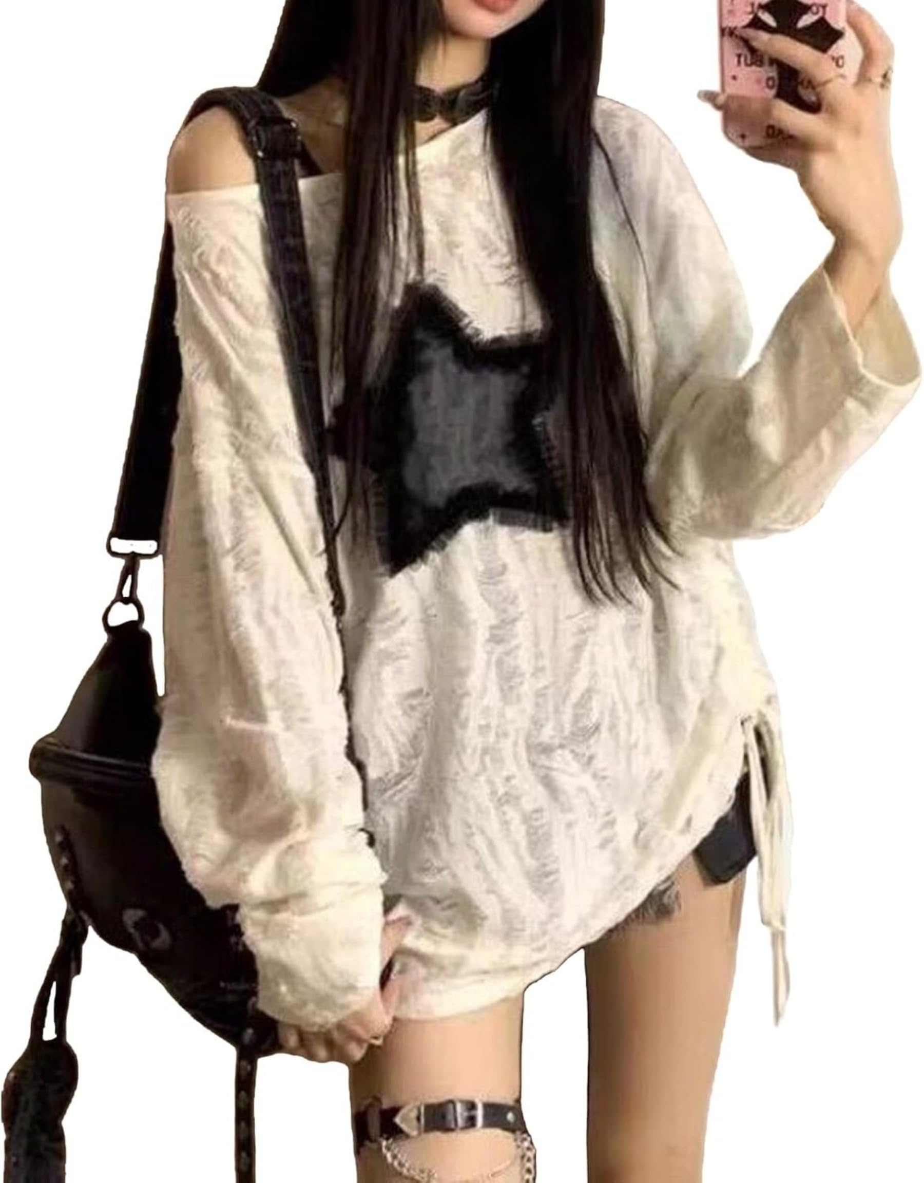 QHD Star Top Y2k Tops Emo Tops Grunge Clothes Goth Clothes Vintage Clothes Off Shoulder Top Long Sleeve Top (WhiteMedium)