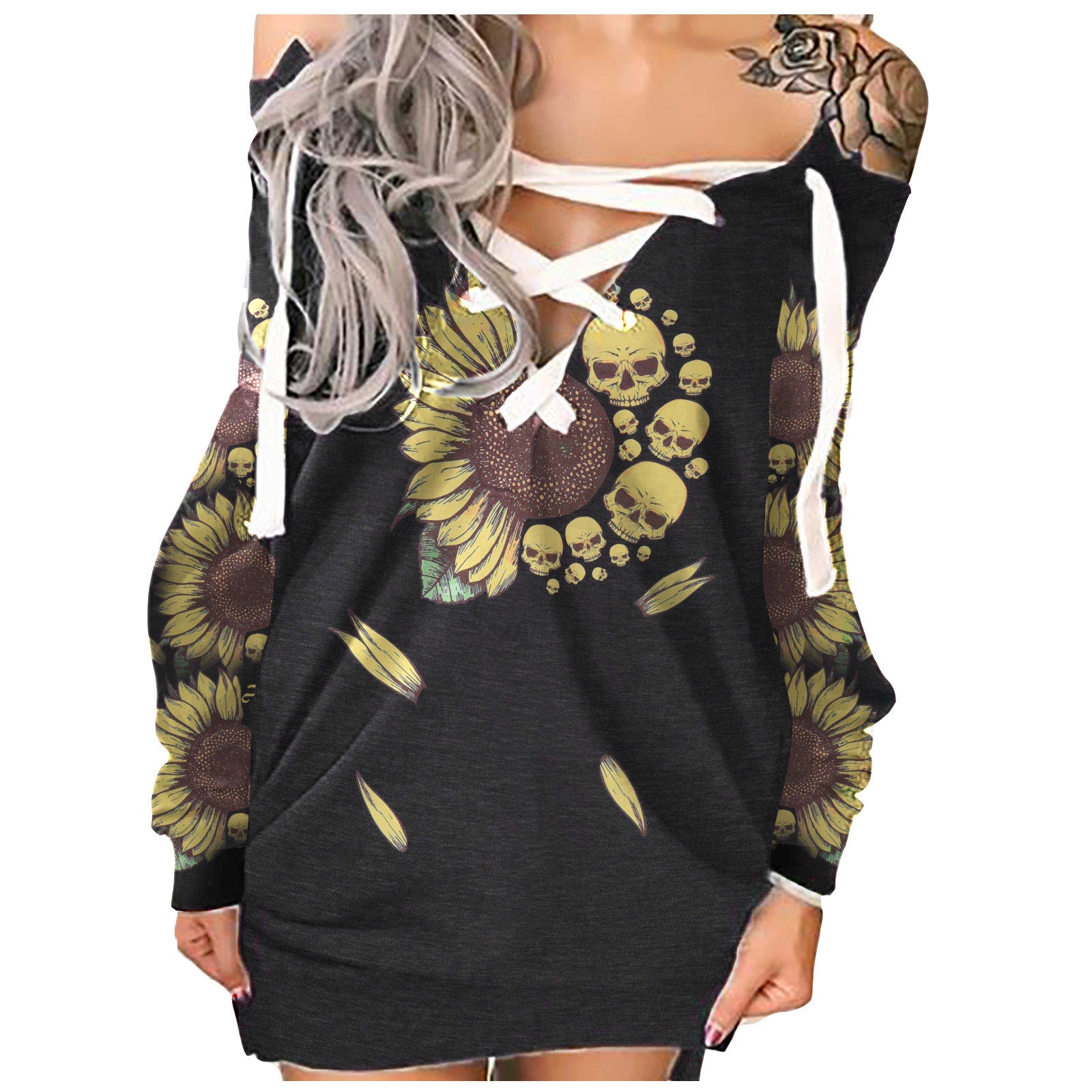 Gothic Skull Print Tie Front Long Sleeve Sweatshirt