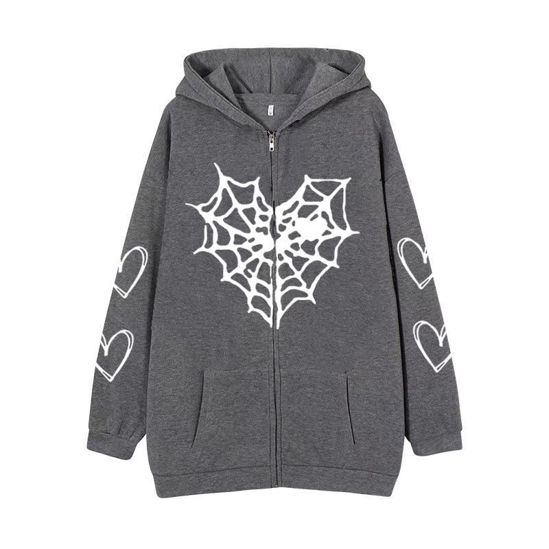 Gothic Heart-shaped Spider Web Women's Zipper Hoodie