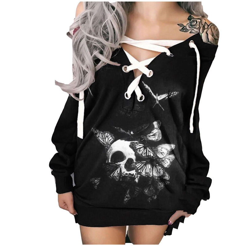 Gothic Skull Print Tie Front Long Sleeve Sweatshirt