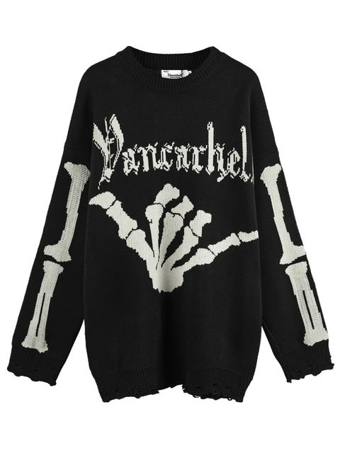 Gothic Black Plaid Knitted Skull Aesthetics Sweater